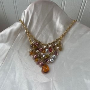 Gold Pearl and Gemstone Cluster Beaded Bib Necklace